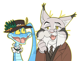 anthro blue_body blue_scales brown_clothing brown_coat brown_topwear brown_vest clothed clothing coat duo ear_tuft eyewear fake_mustache fangs feral fur grey_body grey_fur hat headgear headwear jewelry male monocle necklace necktie scales smile teeth topwear tuft vest whiskers white_dress_shirt yellow_eyes pongch0 disney zootopia gary_de'snake pawbert_lynxley canada_lynx felid feline lynx mammal pit_viper reptile scalie snake viper 2025 digital_media_(artwork)