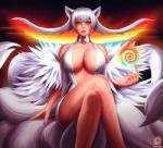 big_breasts breasts cleavage clothed clothing facial_markings female hair head_markings markings multi_tail skimpy solo tail tight_clothing white_hair yellow_eyes svoidist kill_la_kill league_of_legends riot_games studio_trigger tencent ahri_(lol) ragyo_kiryuin animal_humanoid canid canid_humanoid canine canine_humanoid fox fox_humanoid humanoid mammal mammal_humanoid crossover