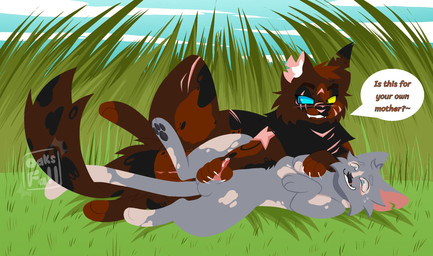 animal_genitalia animal_penis anus arm_scar balls bite biting_lip black_body black_fur black_nose black_pawpads blue_eyes blush bodily_fluids brown_body brown_fur cheek_tuft claws cuddling cute_fangs dialogue duo ear_scar eyebrows facial_scar facial_tuft fangs feline_genitalia feline_penis female feral feral_on_feral fur genital_fluids genitals grass green_eyes grey_balls grey_body grey_fur handjob heavily_scarred heterochromia inner_ear_fluff logo looking_at_genitalia looking_at_penis lying male male/female multicolored_body multicolored_fur no_sclera on_back on_side pawpads penile penis pink_nose plant precum raised_eyebrows raised_leg scar sex smile speech_bubble spots tail tan_body tan_fur teeth text tuft two_tone_body two_tone_fur vulva white_inner_ear_fluff white_sclera x_scar 11oaksfall11 warriors_(book_series) fan_character domestic_cat felid feline felis mammal 2026 artist_logo english_text hi_res incest_(lore) mother_(lore) mother_and_child_(lore) mother_and_son_(lore) parent_(lore) parent_and_child_(lore) parent_and_son_(lore) son_(lore)