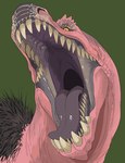 ambiguous_gender black_body black_fur feral front_view fur glistening glistening_tongue green_background grey_tongue looking_at_viewer mouth_shot open_mouth pink_body pink_scales pupils scales sharp_teeth simple_background slit_pupils solo tan_teeth teeth tongue imperatorcaesar capcom monster_hunter anjanath brute_wyvern dinosaur prehistoric_species reptile scalie absurd_res bust_portrait hi_res portrait