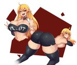 ass_up big_breasts big_butt blonde_hair breasts butt cleavage clothed clothing fangs female hair long_hair not_furry solo teeth text text_on_clothing text_on_topwear tongue tongue_out topless topwear taigerarts humanoid vampire hi_res