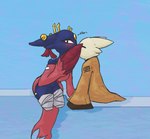 anthro bandage black_eyes blue_body blue_fur blush broken_halo clothed clothing covering_with_wings duo ear_piercing eyelashes eyes_closed feathered_wings feathers female female_anthro forehead_gem fur gem halo kissing kissing_sound_effect larger_anthro larger_female looking_at_viewer looking_away male male/female male_anthro missing_all_legs no_irises obscured_kiss onomatopoeia oversized_clothing piercing red_body red_feathers red_wings robe simple_background size_difference skinny_anthro skinny_female skinny_male smaller_anthro smaller_male sound_effects text white_body white_fur wings yellow_clothing yellow_robe alexleviafan european_mythology greek_mythology mythology nine_sols red_candle_games goumang_(nine_sols) yi_(nine_sols) avian domestic_cat felid feline felis harpy mammal mythological_avian mythological_creature solarian 2025 digital_drawing_(artwork) digital_media_(artwork) english_description full-length_portrait portrait