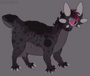 1_eye 4_toes 6_ears abdominal_scar alternative_fashion anal_piercing animal_genitalia anus balls big_anus big_balls black_mane black_sclera black_scutes bodily_fluids claws collar countershade_feet countershade_tail countershade_torso countershading dewclaw digitigrade feet feral fully_sheathed genital_fluids genitals grey_background grey_body grey_countershading leg_markings leg_scar lidded_eyes looking_at_viewer male mane markings mottled mottled_body mouthless multi_ear multicolored_mane overweight overweight_feral overweight_male piercing pink_eyes pink_mane precum puffy_anus pupils purple_body purple_markings scar scutes self-harm_scars sheath short_legs short_tail simple_background slit_pupils socks_(marking) solo spots spotted_markings standing tail text thick_tail three-quarter_view toe_claws toes toony two_tone_mane unusual_ears wearing_collar emionix maxmu lurkerbeast omnitope 2026 absurd_res artist_name digital_drawing_(artwork) digital_media_(artwork) flat_colors gimp_(artwork) hi_res