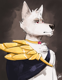 anthro cape clothing fur jewelry male necklace red_eyes solo text white_body white_fur delsol adastra adastra_(series) echo_project cassius_(adastra) canid canine canis mammal wolf 2021 artist_name dated hi_res