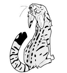 ambiguous_gender black_nose cheek_tuft chest_tuft dipstick_tail facial_tuft feral fur looking_back markings paws sitting solo spots spotted_body striped_markings striped_tail stripes tail tail_markings teeth tuft servali_sketch felid feline mammal serval aliasing digital_media_(artwork) greyscale monochrome