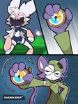 :3 anthro clothed clothing coat duo eyewear fur gameplay_mechanics glasses hair latex male male/male purple_body purple_fur purple_hair skimpy time_stop topwear white_body white_fur white_hair trinitroid risk_of_rain moki_(mokimonky) nacho_(nachokokoni) arthropod haplorhine insect lepidopteran mammal monkey moth primate absurd_res comic hi_res