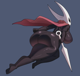 anthro back_muscles big_breasts big_butt black_eyes breasts butt cloak cloak_only clothing curvy_figure female holding_melee_weapon holding_object holding_weapon huge_breasts huge_butt huge_thighs melee_weapon non-mammal_breasts red_cloak red_clothing solo thick_thighs weapon wide_hips ytrall hollow_knight_(franchise) team_cherry hornet_(hollow_knight) arthropod hi_res