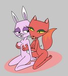 breasts female female/female fondling grey_background looking_pleasured nipples open_mouth pink_body red_body simple_background sitting tail touching_breast takeshi1000 cartoon_network courage_the_cowardly_dog bunny_(courage_the_cowardly_dog) kitty_(courage_the_cowardly_dog) domestic_cat felid feline felis lagomorph leporid mammal rabbit hi_res