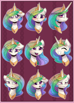 blush crown expressions eyes_closed female feral grin hair headgear horn multicolored_hair pattern_background simple_background smile solo tongue tongue_out magnaluna friendship_is_magic hasbro my_little_pony mythology princess_celestia_(mlp) equid equine mammal mythological_creature mythological_equine unicorn absurd_res headshot_portrait hi_res portrait