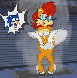 air_vent anthro big_breasts big_butt billowing_dress biped blood blown_up blue_eyes bodily_fluids breasts brown_body brown_fur butt cartoonish cleavage clothed clothing convenient_censorship dress duo eyelashes eyeshadow female fog footwear fur hair high_heels lipstick looking_at_viewer makeup male male/female nosebleed open_mouth outside panties red_hair shoes smile smoke tail teeth thick_thighs topwear underwear white_clothing white_dress wide_hips weebmochi69 archie_comics sega sonic_the_hedgehog_(archie) sonic_the_hedgehog_(comics) sonic_the_hedgehog_(series) the_seven_year_itch sally_acorn sonic_the_hedgehog chipmunk eulipotyphlan ground_squirrel hedgehog mammal rodent sciurid digital_media_(artwork) hi_res reaction_image