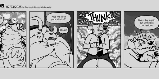 anthro belly big_belly bite bottomwear clothing dialogue duo male male/male moob_grab neck_bite necktie overweight overweight_male pants shirt slightly_chubby text topwear barnem mammal murid murine rat rodent 2025 comic english_text hi_res multiple_scenes