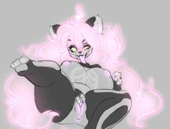 anthro anus big_breasts big_butt bodily_fluids breasts butt curvy_figure dripping eyelashes female fingers flowing_hair fluffy_ears genital_fluids genitals glowing glowing_genitalia glowing_vulva green_eyes hair humanoid_hands lactating long_hair looking_at_viewer lying masturbation nipples nude on_back paws purple_anus purple_hair purple_tongue purple_vulva seductive shortstack shortstack_female solo thick_thighs tongue vaginal_fluid_drip vaginal_fluids vulva wide_hips jinx_doodle amelie_(jinx_doodle) felid feline ghost mammal spirit 2019 partially_colored sketch source_request