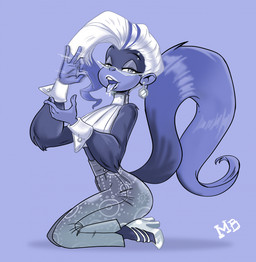 4_fingers anthro arm_tuft arms_bent barbell_piercing bedroom_eyes bent_legs biped black_eyebrows blue_background blue_body blue_countershading blue_ears blue_hands blue_highlights blue_markings blue_skin blue_tail_tip blue_tongue bodily_fluids bottomwear clothed clothed_anthro clothed_female clothing countershade_face countershading crop_top dipstick_tail dripping ear_piercing elbow_tuft eyebrow_barbell eyebrow_piercing eyebrows eyelashes eyeshadow eyewear facial_piercing fellatio_gesture female female_anthro fingernails fingers footwear fully_clothed fully_clothed_anthro fully_clothed_female fur fur_tuft gesture gesturing_at_viewer glasses grey_body grey_bottomwear grey_clothing grey_eyes grey_eyeshadow grey_fur grey_pants grey_piercing grey_tail grey_tuft hair hairless_hands hand_gesture high_collar high_heels highlights_(coloring) iris kneeling lipstick long_eyelashes long_tail looking_at_viewer makeup mandarin_collar markings midriff motion_lines multicolored_body nails narrowed_eyes open_mouth pants pattern_bottomwear pattern_clothing pattern_pants piercing plantigrade pose pupils saliva saliva_drip saliva_on_tongue seductive shirt shirt_cuffs shoes side_view simple_background solo suggestive suggestive_gesture tail tail_markings tank_top teeth thick_arms tongue tongue_out topwear tuft upper_teeth wearing_glasses white_clothing white_crop_top white_ear_piercing white_footwear white_hair white_high_heels white_piercing white_sclera white_shirt white_shoes white_tank_top white_topwear monkeyblues donkey_kong_(series) nintendo poppy_kong haplorhine kong mammal monkey primate english_description full-length_portrait hi_res monochrome pinup portrait
