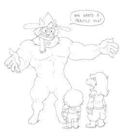 clothing eyewear fur glasses group hair hat headgear headwear heart_symbol long_hair male muscular muscular_male scarf simple_background text sirartwork deltarune undertale_(series) kris_dreemurr ralsei susie_(deltarune) bovid caprine darkner goat human lightner mammal reptile scalie 2018 english_text monochrome sketch