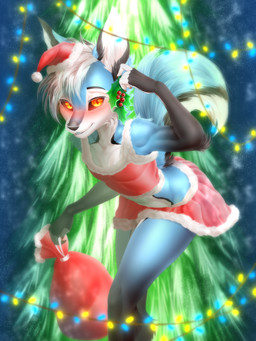 black_sclera blue_body blue_fur blush clothed clothing crossdressing femboy fur holidays male year yellow_eyes toshaviktory christmas nova_(peter4331) canid canine canis mammal wolf 3:4 hi_res