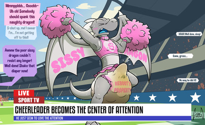 anthro biped blue_tongue blush bodily_fluids body_control bodypaint bottomwear bracelet clothed clothing collar control_collar crop_top crossdressing crowd cum cum_in_diaper cumshot detailed_background dialogue diaper ejaculation feces femboy genital_fluids grey_body grey_wings group heart_symbol horn humiliation jewelry live_broadcast male membrane_(anatomy) membranous_wings open_mouth orgasm pink_bottomwear pink_bracelet pink_clothing pink_collar pink_crop_top pink_shirt pink_skirt pink_topwear pom_poms sagging_diaper shirt skirt soiled_diaper soiling solo_focus speech_bubble spiked_wings stadium text tongue topwear unclean_diaper urine used_diaper wearing_diaper wings soul-silver-dragon mythology soul-silver-dragon_(character) dragon mythological_creature mythological_scalie scalie 2025 digital_media_(artwork) english_text hi_res
