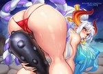 big_butt biped breasts butt camel_toe club_(weapon) ear_piercing eyelashes female holding_club holding_melee_weapon holding_object holding_weapon horn looking_back melee_weapon not_furry piercing pupils thick_thighs weapon gofa one_piece yamato_(one_piece) horned_humanoid humanoid 2024 absurd_res hi_res