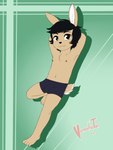 anthro black_eyes black_hair black_nose boxers_(clothing) brown_body brown_fur clothed clothing fur hair hands_behind_head long_ears looking_at_viewer male navel nipples partially_clothed raised_leg short_hair short_tail simple_background smile solo tail underwear young young_anthro young_male vermelhatan james_flynn lagomorph leporid mammal rabbit 2017 3:4 hi_res