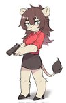 anthro black_bottomwear black_clothing black_skirt bottomwear brown_hair clothed clothing female footwear fully_clothed fur green_eyes gun hair handgun high_heels holding_gun holding_object holding_ranged_weapon holding_weapon kemono long_hair looking_aside ranged_weapon red_clothing red_shirt red_topwear shirt shoes simple_background skirt solo standing tan_body tan_fur topwear weapon white_background crayon_(artist) felid lion mammal pantherine 2022 hi_res