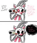 2_heads anthro blush dialogue evil_grin exposed_endoskeleton female imminent_vore lipstick machine makeup multi_head offscreen_character red_lipstick sharp_teeth simple_background smile solo talking_to_another teeth text threatening_vore uhoh white_background inkyfrog five_nights_at_freddy's five_nights_at_freddy's_2 scottgames mangle_(fnaf) animatronic canid canine fox mammal robot 2015 comic digital_media_(artwork) english_text partially_colored