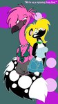 blonde_hair ear_piercing ear_ring female female/female hair piercing ring_piercing text tabbiewolf synnth_(tabbiewolf) thoe_(tabbiewolf) avian bird flamingo mammal mephitid skunk english_text