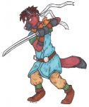 accessory alternate_species anthro belt blue_eyes boots brown_hair clothed clothing cosplay footwear furrification hair headband holding_melee_weapon holding_object holding_sword holding_weapon kerchief male melee_weapon pink_nose shoes short_hair simple_background solo sword tail weapon white_background wristband unknown_artist chrono_trigger square_enix crono_(chrono_trigger) rydian canid canine mammal