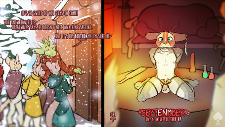 anthro balls bdsm biped birthday blush bondage bound cleave_gag clothed clothed/nude clothing dialogue embarrassed embarrassed_naked_male embarrassing_exposure embarrassing_nudity flaccid foreskin gag gagged genitals gift group humanoid_genitalia humanoid_penis male male_anthro nude nude_male only_one_nude paddle penis snow solo_focus submissive submissive_male text unretracted_foreskin unwanted_exposure fek dungeons_and_dragons hasbro mythology septenmber wizards_of_the_coast arvie_dreadmaw fekkri_talot african_golden_cat caracal_(genus) dragon dragonborn_(dnd) felid feline mammal mythological_creature mythological_scalie scalie tabaxi 16:9 comic english_text hi_res widescreen