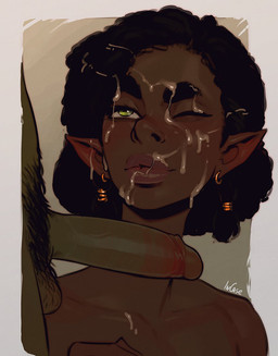 black_hair bodily_fluids cum cum_on_face dark_body dark_skin duo ear_piercing female female_focus genital_fluids genitals green_body green_skin hair humanoid_pointy_ears male male/female not_furry penis piercing pointy_ears solo_focus incase elf humanoid orc 2019 hi_res