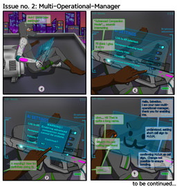 5_fingers ambiguous_gender anthro battery battery_life clothing cybernetic_arm cybernetic_eye cybernetic_foot cybernetic_leg cybernetic_limb cybernetics cyberpunk detailed_background dialogue digitigrade discussion feet fingers first_person_view fur greeting grey_clothing gun hair hexagon_background hexagonal_grid hindpaw holding_object hologram holographic_screen hood humor jumpsuit leg_markings leg_pouch long_snout low_battery machine markings mask multicolored_body multicolored_fur neon_lights neon_sign on_hind_legs paws purple_hair raining ranged_weapon redacted_text rifle sigh sign sitting snout solo speech_bubble text visual_humor weapon zk-fur salvation_(zk-fur) canid canine mammal absurd_res comic english_text hi_res shaded