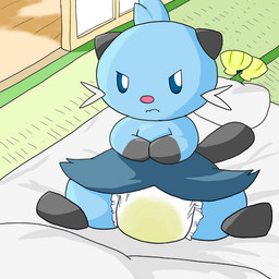 ambiguous_gender blue_body blue_eyes blue_skin bodily_fluids clothed clothing diaper fin genital_fluids grumpy inside looking_at_viewer sitting solo unclean_diaper urine used_diaper wearing_diaper wet_diaper wetting whiskers tomukemono nintendo pokemon dewott generation_5_pokemon pokemon_(species) 1:1