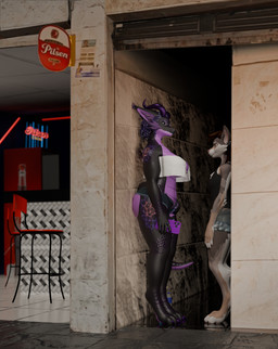 anthro big_breasts black_body bottomwear breasts clothed clothing duo female fur hair horn larger_female male male/female purple_body purple_hair size_difference smaller_male tail thick_thighs topwear volgon_(artist) a_chance_encounter mythology volgon_(volgon) canid canine canis dragon mammal mythological_creature mythological_scalie scalie wolf 2026 digital_media_(artwork) hi_res meme
