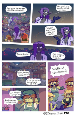 angry anthro big_breasts black_body black_clothing black_eyes black_shirt black_skin black_topwear blonde_hair blood bodily_fluids breasts brown_hair cleavage clothed clothing dialogue ears_down eyewear female food glasses green_body green_skin group hair humanoid_pointy_ears long_hair nervous nervous_smile nervous_sweat overalls overweight overweight_female pivoted_ears pointy_ears purple_hair red_body red_skin sad shirt short_hair size_difference speech_bubble standing sweat taco text topwear 20pesos_sopa barlon_(20pesos_sopa) fia_(20pesos_sopa) lara_(20pesos_sopa) lei_(20pesos_sopa) liz_(20pesos_sopa) lula_(20pesos_sopa) dark_elf demon elf goblin human humanoid mammal absurd_res comic english_text hi_res translated sibling_(lore) sister_(lore) sisters_(lore)