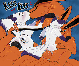 anal anal_penetration anthro anthro_on_anthro anthro_penetrated anthro_penetrating anthro_penetrating_anthro balls big_balls blush bodily_fluids clenched_teeth cowgirl_position dominant dominant_anthro dominant_male duo eyes_closed fangs fluffy fluffy_tail from_front_position genital_fluids genitals gloves_(marking) heart_symbol kissing knot knotted_penis knotting larger_anthro larger_dom larger_male looking_pleasured male male/male male_anthro male_penetrated male_penetrating male_penetrating_male markings multi_tail muscular muscular_male on_bottom on_top onomatopoeia penetration penis precum sex size_difference smaller_anthro smaller_male sound_effects submissive submissive_anthro submissive_male sweat tail tail_grab teeth text prince-vulpine naruto kurama rook_(rookarino4277) canid canine fox mammal english_description english_text hi_res multiple_scenes