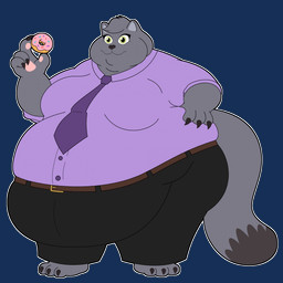 4_fingers anthro belly belt big_belly black_claws black_nose bottomwear breasts claws clothed clothing dessert dipstick_tail doughnut female fingers food fur green_eyes grey_body grey_fur happy head_tuft holding_food holding_object huge_belly markings necktie obese obese_anthro obese_female overweight overweight_anthro overweight_female pants pastry pawpads pink_frosted_sprinkled_doughnut pink_pawpads shirt solo standing tail tail_markings toony topwear tuft ginny_the_fat_bear domestic_cat felid feline felis mammal 1:1 alpha_channel hi_res