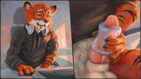 animal_genitalia anthro balls bodily_fluids bottomless close-up clothed clothing computer_keyboard cum erection fur gaming_chair genital_fluids genitals humanoid_genitalia humanoid_penis hybrid_genitalia hybrid_penis inside knot knotted_humanoid_penis knotted_penis looking_pleasured male markings masturbation open_mouth penetrable_sex_toy penile_spines penis sex_toy sheath smile solo striped_body stripes tail tongue topwear tailbyte fitch_(jrandomhacker) felid mammal pantherine tiger 16:9 absurd_res detailed digital_media_(artwork) digital_painting_(artwork) hi_res painting_(artwork) shaded signature widescreen