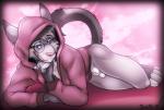 animal_genitalia anthro balls blush bottomless clothed clothing eyewear femboy fur genitals glasses hoodie looking_at_viewer lying male penis sheath simple_background smile solo tongue topwear bashbl-ux nixuelle domestic_cat egyptian_mau felid feline felis mammal digital_media_(artwork) hi_res