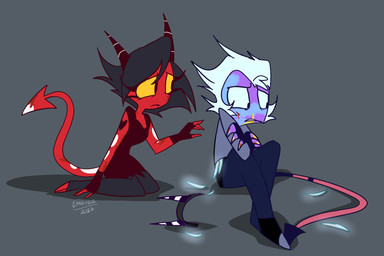 black_hair blood blue_body blue_hair blue_skin bodily_fluids bodypaint crossed_arms duo face_paint fake_horns fake_tail feathers female frown hair hooves horn kneeling male red_body red_skin simple_background sitting spade_tail tail transformation unguligrade yellow_eyes emositecc hellaverse helluva_boss millie_(helluva_boss) moxxie_(helluva_boss) angel angel_humanoid demon demon_humanoid humanoid imp colored