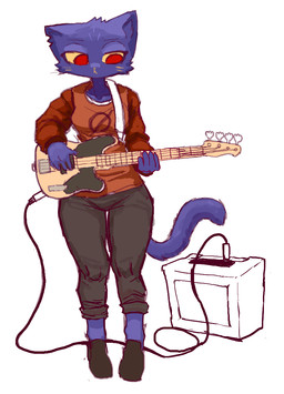 amplifier anthro bass_guitar blue_body blue_fur bottomwear clothing female female_anthro fingers footwear fur guitar holding_object kemono long_tail looking_down musical_instrument notched_ear pants plucked_string_instrument red_eyes shirt shoes simple_background solo standing string_instrument tail topwear whiskers white_background yellow_sclera tekaaluk night_in_the_woods mae_borowski domestic_cat felid feline felis mammal black_and_white monochrome