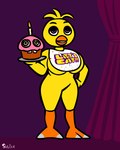 2023 anthro avian beak bib bird breasts chica_(fnaf) chicken cupcake_(fnaf) curtains digital_media_(artwork) female five_nights_at_freddy's galliform gallus_(genus) hi_res phasianid purple_background purple_eyes scottgames simple_background skelly_doll solo text_on_bib yellow_body