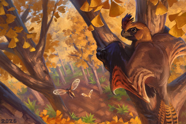 ambiguous_feral ambiguous_gender black_eyes brown_body brown_feathers claws climbing_tree countershading day feathered_crest feathers feral forest ginkgo_leaf_(plant) head_crest membrane_(anatomy) membranous_wings no_sclera outside plant reverse_countershading solo striped_feathers tail tail_feathers tree wing_claws wings alexpahomov ambient_arthropod ambient_insect dinosaur prehistoric_species reptile saurischian scalie theropod yi_qi 2026 dated digital_media_(artwork) digital_painting_(artwork) hi_res painting_(artwork)