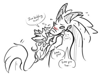 anthro biped blush clothed clothed_anthro clothed_female clothing dialogue duo female feral fingers hair horn kissing simple_background speech_bubble tail text milodesty mythology dragon mythological_creature mythological_scalie scalie 2026 digital_drawing_(artwork) digital_media_(artwork) english_text hi_res