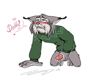 all_fours anthro blush bodily_fluids bottomless bottomless_anthro bottomless_male clenched_teeth clothed clothing cum cum_on_penis cum_string daddy_kink dialogue ejaculation erection fur genital_fluids genitals grey_body grey_fur half-closed_eyes hand_on_penis humanoid_genitalia humanoid_penis incestuous_fantasy male masturbation mismatched_genitalia mismatched_humanoid_penis mismatched_penis narrowed_eyes orgasm orgasm_face penile penile_masturbation penis simple_background solo sweater sweater_only teeth text topwear topwear_only nikraccoom disney zootopia pawbert_lynxley canada_lynx felid feline lynx mammal digital_media_(artwork) english_text hi_res