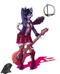 blue_hair boots bottomwear clothing ear_piercing female footwear fur guitar hair music musical_instrument necktie piercing plucked_string_instrument scar shoes skirt socks solo string_instrument white_body white_fur neru_meid leyla_katzend canid canine canis felid feline humanoid mammal wolf hi_res