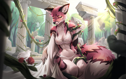 anthro bra breasts clothing detailed_background female forest fur lace lace_bra lace_panties lingerie nipples panties pink_body pink_eyes pink_fur plant sitting solo tree underwear vines conquart harumi_(raveger) canid canine fox mammal hi_res
