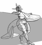 aircraft anthro big_breasts big_nipples breasts female huge_breasts hyper hyper_breasts leaning_on_wall long_tail looking_at_viewer machine navel nipples nude slightly_chubby slightly_chubby_female solo tail vehicle wheel wings top_kek_m9 pauline_(ndragon3) aircraft_humanoid living_aircraft living_machine living_vehicle p-47_thunderbolt 2022 hi_res monochrome