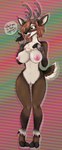 2019 absurd_res anthro antlers big_breasts black_nose blush breasts butt_from_the_front christmas deer dialogue english_text female genitals green_eyes hair hi_res holidays hooves horn implied_transformation mammal new_world_deer nipples nude open_mouth pussy reindeer short_hair simple_background smile solo standing text wilderlove