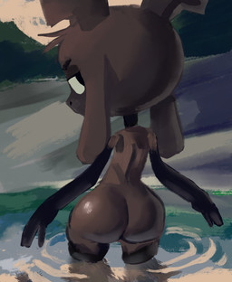 anthro arms_by_side big_butt black_markings butt curled_horn floppy_ears forest_background furry_arms furry_legs glistening glistening_butt grey_body grey_eyes head_tuft horn looking_at_viewer looking_back looking_back_at_viewer male markings mountain mountianscape nude nude_anthro partially_submerged shortstack shortstack_male skinny_dipping solo tuft wide_hips big-fig ali_(big-fig) bovid caprine caprine_demon demon goat_demon mammal hi_res