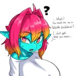 1:1 adelia_(changbae) big_breasts bodily_fluids breasts changbae clothing dialogue english_text female goblin hi_res huge_breasts humanoid not_furry question_mark shirt simple_background solo sweat text topwear white_background