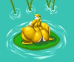 anthro big_butt breasts butt female flower green_eyes plant solo thick_thighs water water_lily yellow_body jovi_cap amphibian frog hi_res