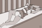 ageplay anthro big_ears bodily_fluids clothed clothing diaper drooling eyes_closed female infantilism lying on_back open_mouth roleplay saliva sleeping solo wearing_diaper riddlr lagomorph leporid mammal rabbit hi_res monochrome